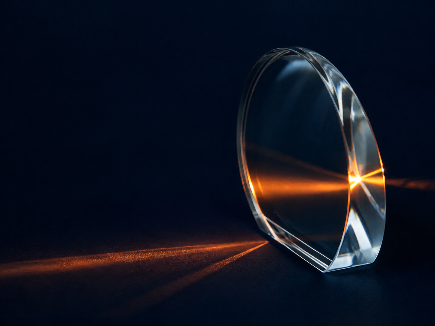 A clear optical lens catching a warm beam of light